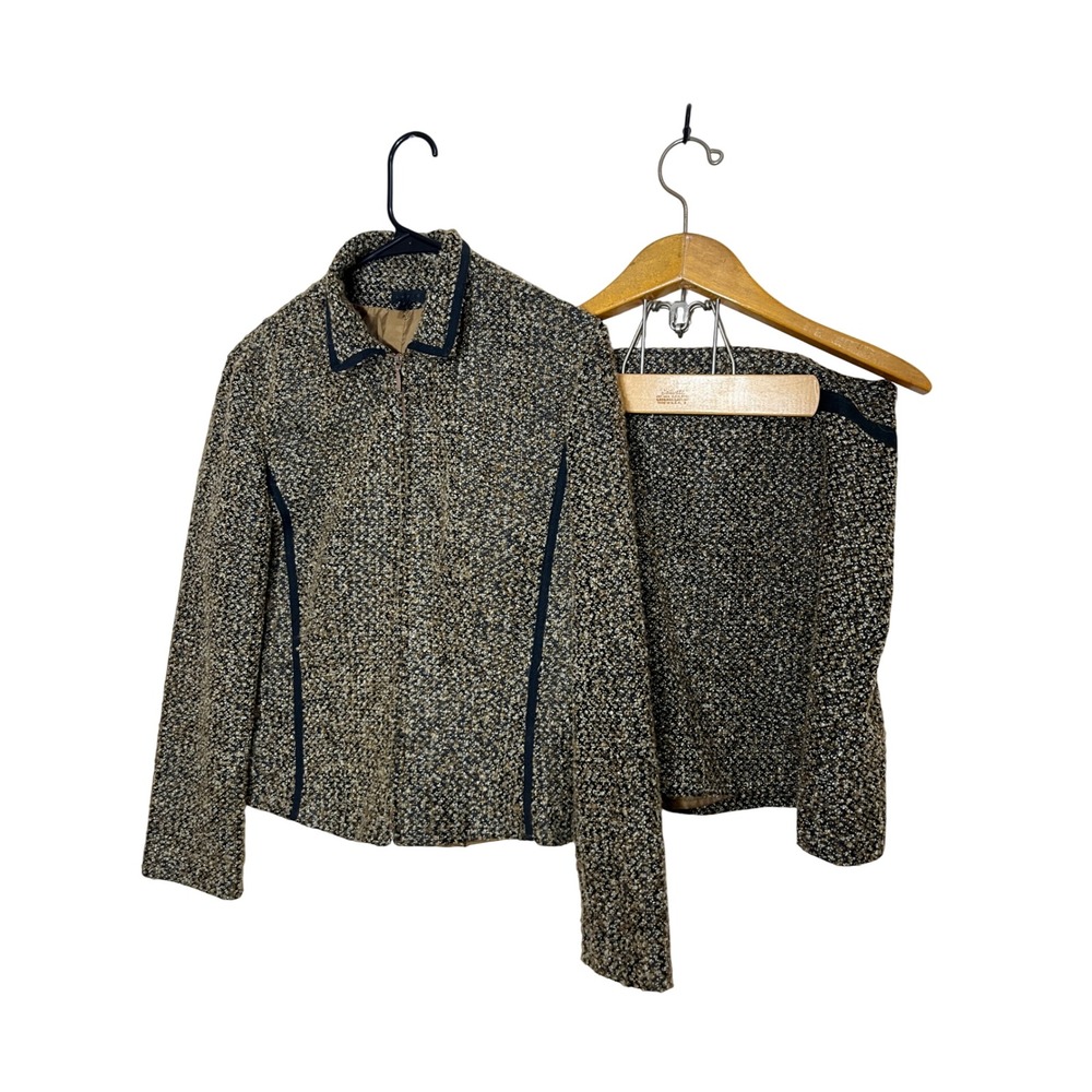 Lapis Women's Tweed Jacket and Skirt Set Size L Brown Black Textured